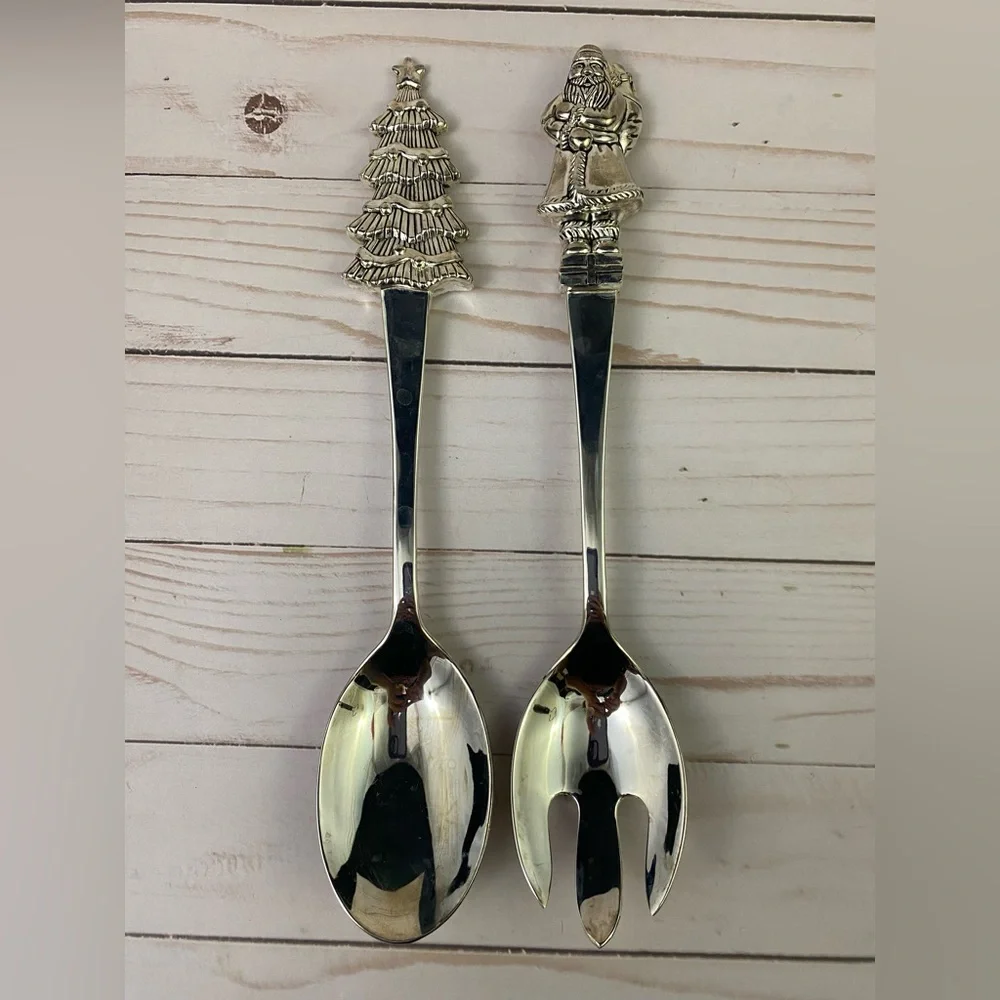 Wallace Silverplate Serveware Salad Set Holiday Christmas Tree & Santa